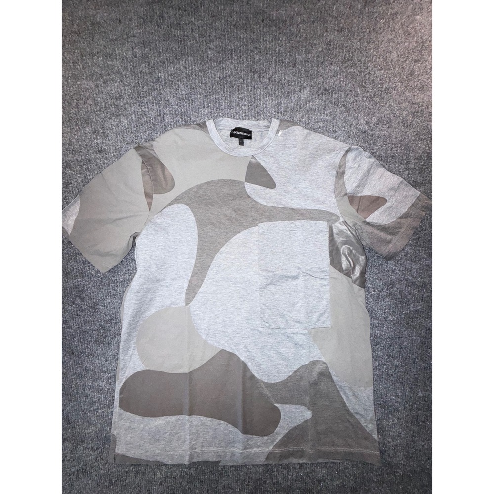 Emporio Armani Mens Grey Camo Mixed Media Pocket T-Shirt Size S Small